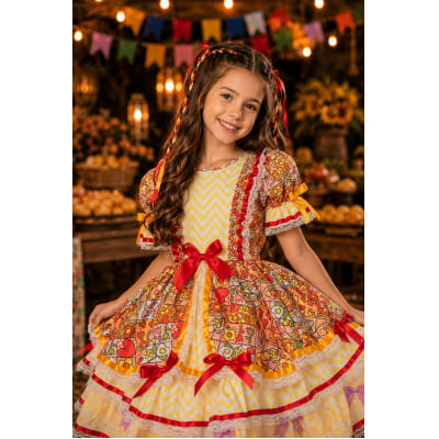 Vestido Caipira Infantil Luxo para Festa Junina com Renda e Laços