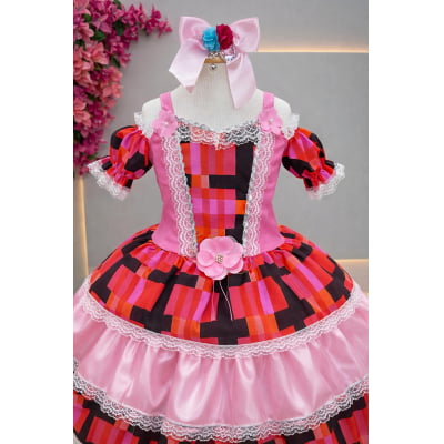 Vestido Infantil C/ Alça Junino Caipira Rosa Xadrez Colorido