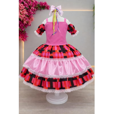Vestido Infantil C/ Alça Junino Caipira Rosa Xadrez Colorido