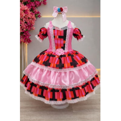 Vestido Infantil C/ Alça Junino Caipira Rosa Xadrez Colorido Vestido Infantil C/ Alça Junino Caipira Rosa Xadrez Colorido