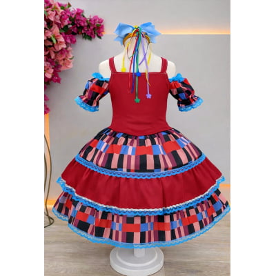 Vestido Infantil C/ Alça Junino Caipira Vermelho Xadrex Colorido