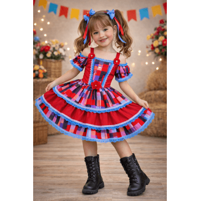 Vestido Infantil C/ Alça Junino Caipira Vermelho Xadrex Colorido