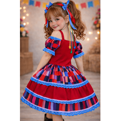 Vestido Infantil C/ Alça Junino Caipira Vermelho Xadrex Colorido