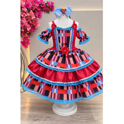Vestido Infantil C/ Alça Junino Caipira Vermelho Xadrex Colorido Vestido Infantil C/ Alça Junino Caipira Vermelho Xadrex Colorido