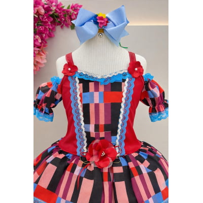 Vestido Infantil C/ Alça Junino Caipira Vermelho Xadrex Colorido