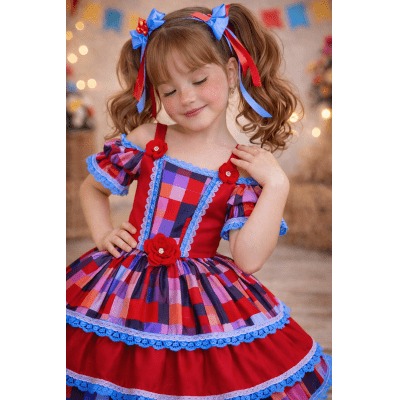 Vestido Infantil C/ Alça Junino Caipira Vermelho Xadrex Colorido