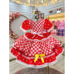 Vestido Infantil Caipira Junino Vermelho Estampas Corações