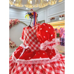 Vestido Infantil Caipira Junino Vermelho Estampas Corações