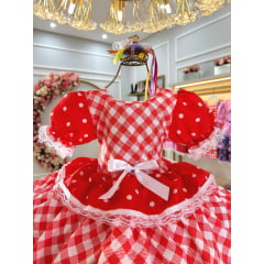 Vestido Infantil Caipira Junino Vermelho Estampas Corações
