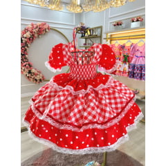 Vestido Infantil Caipira Junino Vermelho Estampas Corações