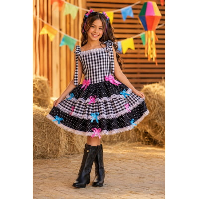 Vestido Infantil de Alça Junino Arraiá Festas Preto Xadrez