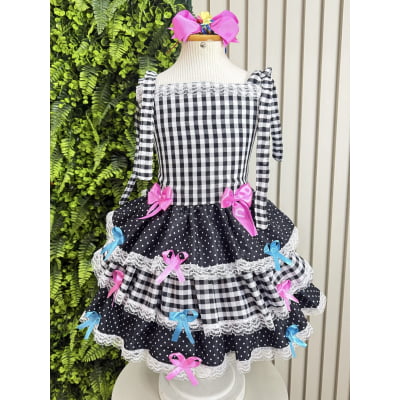 Vestido Infantil de Alça Junino Arraiá Festas Preto Xadrez
