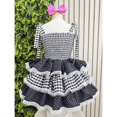 Vestido Infantil de Alça Junino Arraiá Festas Preto Xadrez