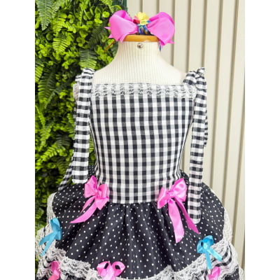 Vestido Infantil de Alça Junino Arraiá Festas Preto Xadrez