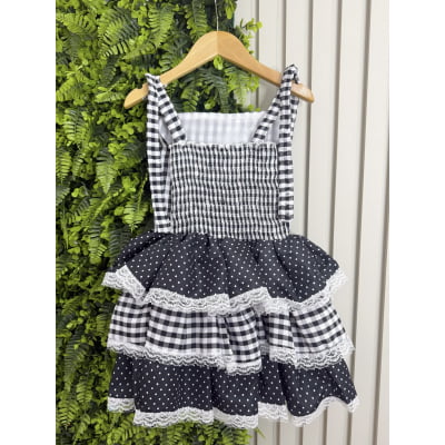 Vestido Infantil de Alça Junino Arraiá Festas Preto Xadrez