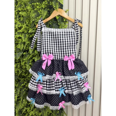 Vestido Infantil de Alça Junino Arraiá Festas Preto Xadrez