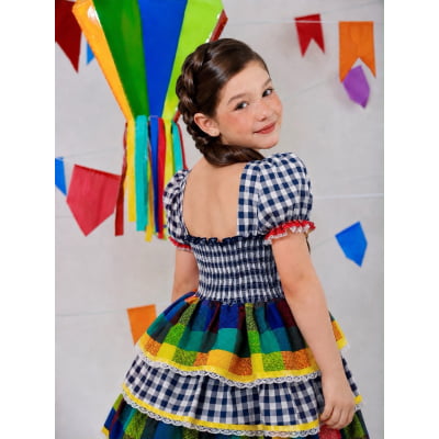Vestido Infantil Festa Junina Xadrez Azul Marinho Colorido com Renda