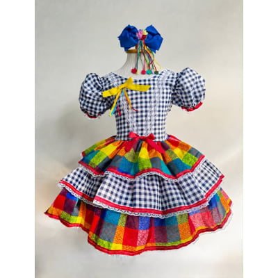 Vestido Infantil Festa Junina Xadrez Azul Marinho Colorido com Renda