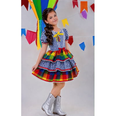 Vestido Infantil Festa Junina Xadrez Azul Marinho Colorido com Renda Vestido Infantil Festa Junina Xadrez Azul Marinho Colorido com Renda