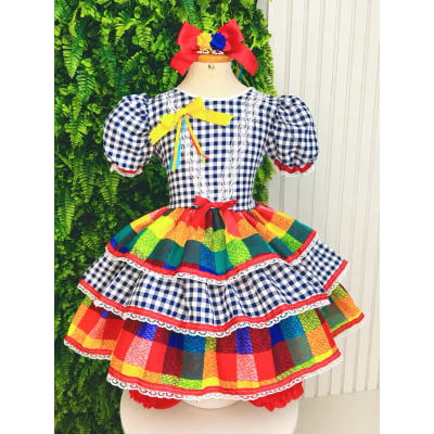 Vestido Infantil Festa Junina Xadrez Azul Marinho Colorido com Renda