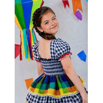 Vestido Infantil Festa Junina Xadrez Azul Marinho Colorido com Renda