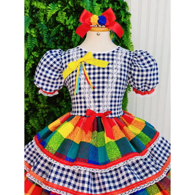 Vestido Infantil Festa Junina Xadrez Azul Marinho Colorido com Renda