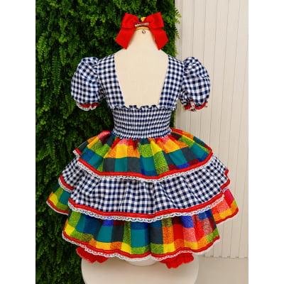 Vestido Infantil Festa Junina Xadrez Azul Marinho Colorido com Renda
