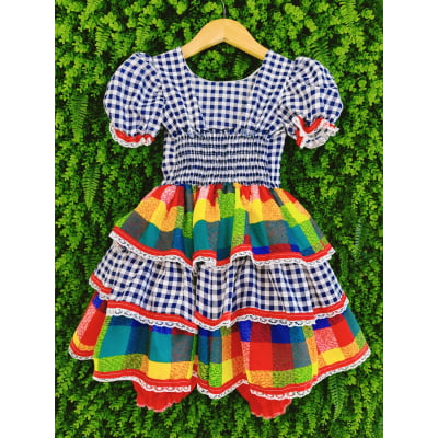 Vestido Infantil Festa Junina Xadrez Azul Marinho Colorido com Renda