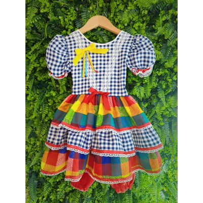 Vestido Infantil Festa Junina Xadrez Azul Marinho Colorido com Renda