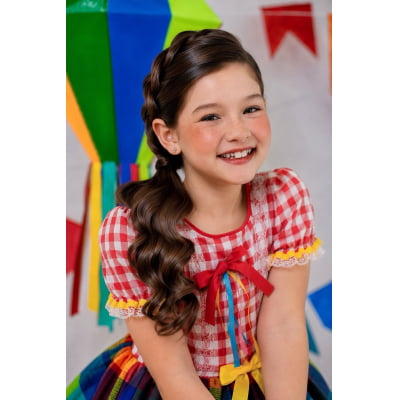 Vestido Infantil Festa Junina Xadrez Vermelho Colorido com Renda