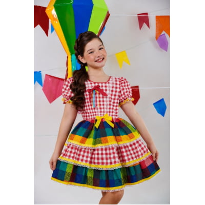 Vestido Infantil Festa Junina Xadrez Vermelho Colorido com Renda Vestido Infantil Festa Junina Xadrez Vermelho Colorido com Renda