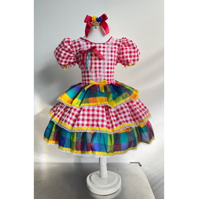 Vestido Infantil Festa Junina Xadrez Vermelho Colorido com Renda