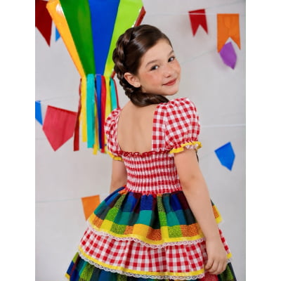 Vestido Infantil Festa Junina Xadrez Vermelho Colorido com Renda