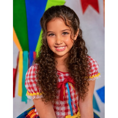 Vestido Infantil Festa Junina Xadrez Vermelho Colorido com Renda