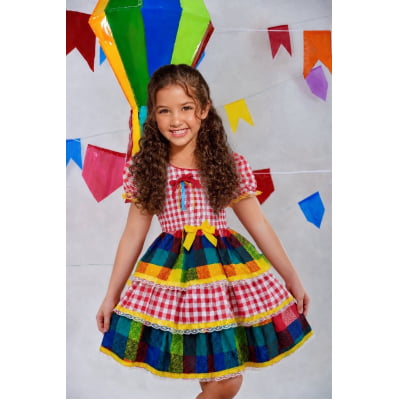 Vestido Infantil Festa Junina Xadrez Vermelho Colorido com Renda Vestido Infantil Festa Junina Xadrez Vermelho Colorido com Renda