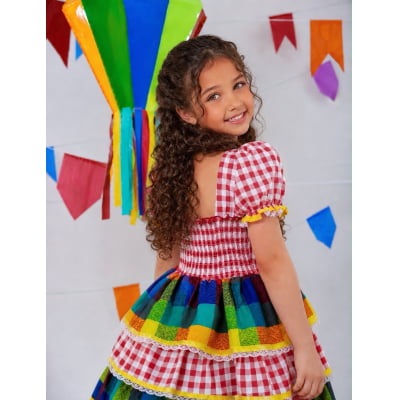 Vestido Infantil Festa Junina Xadrez Vermelho Colorido com Renda