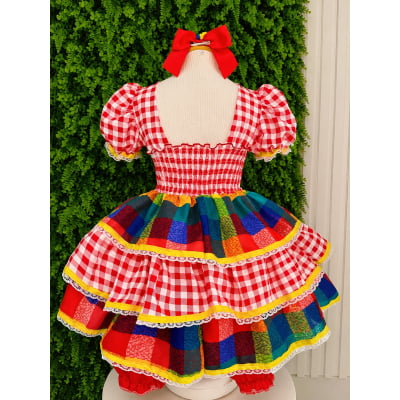 Vestido Infantil Festa Junina Xadrez Vermelho Colorido com Renda