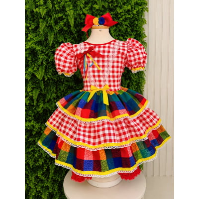 Vestido Infantil Festa Junina Xadrez Vermelho Colorido com Renda