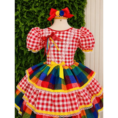 Vestido Infantil Festa Junina Xadrez Vermelho Colorido com Renda