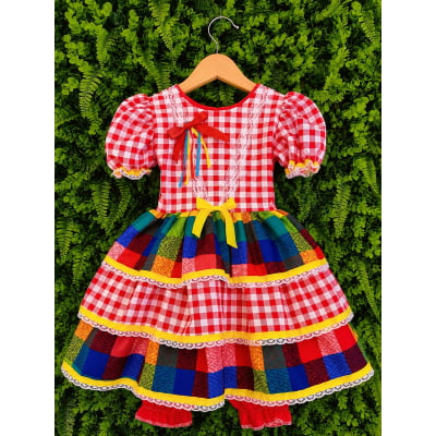 Vestido Infantil Festa Junina Xadrez Vermelho Colorido com Renda