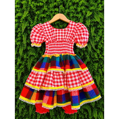 Vestido Infantil Festa Junina Xadrez Vermelho Colorido com Renda