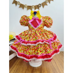 Vestido Infantil Junino Amarelo Coração Colorido Florzinhas