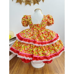 Vestido Infantil Junino Amarelo Coração Colorido Florzinhas