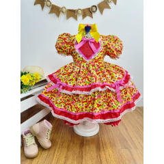 Vestido Infantil Junino Amarelo Coração Colorido Florzinhas
