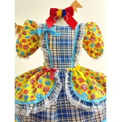 Vestido Infantil Junino Amarelo Xadrez Colorido Florzinhas