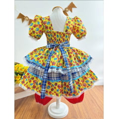 Vestido Infantil Junino Amarelo Xadrez Colorido Florzinhas