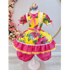 Vestido Infantil Junino Arraiá Amarelo Com Estampa Colorida