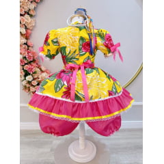 Vestido Infantil Junino Arraiá Amarelo Com Estampa Colorida