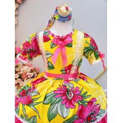 Vestido Infantil Junino Arraiá Amarelo Com Estampa Colorida