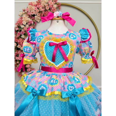 Vestido Infantil Junino Arraiá Azul C/ Estampa Colorida